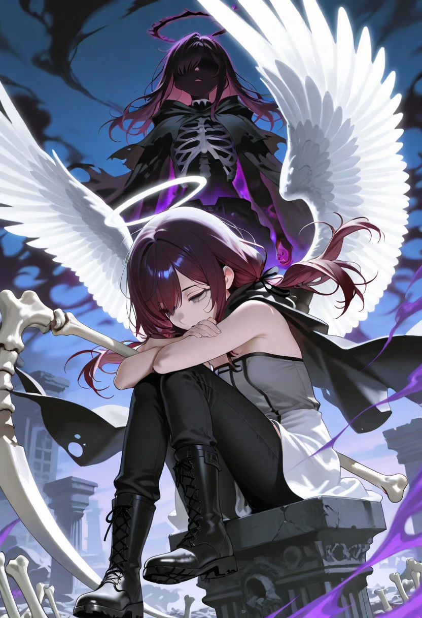 masterpiece, best quality, solo, outdoors, crows in the air, smoke, ruined city, 2girls, character: a girl with messy hair, dark red hair, dark purple highlights, scar, dark shadows on hands, long hair, low twin tails, swept bangs, gray eyes, sitting on base of statue, looking down, lifeless eyes, shadows over eyes, tired, portrait, action pose, dynamic angle, long swept bangs, strapless sleeveless shirt, gray shirt, hair ribbons, black trousers, black cloak, tattered cloak, dusk, black combat boots, holding scythe, dusk, shadowy aura, dark aura, character: white hair, angel, trapped in a large bird cage, ((white angel wing, bone wing, a wing made of bone)), tattered white dress, hugging own knees, trapped, temple ruins, contrast black, dark purple splash effect.