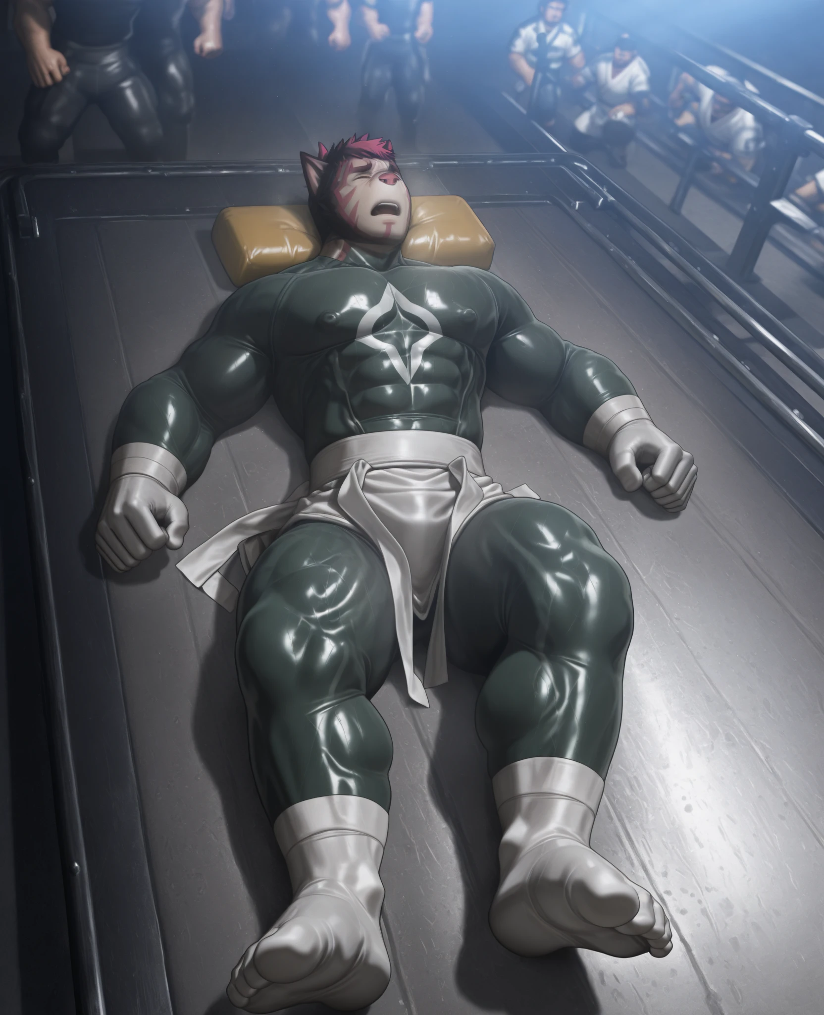 bara muscle wearing cumstained clothes in public place flexing armpits, feet are showing