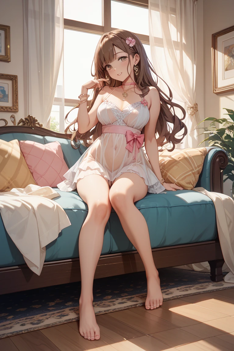 (((masterpiece, Highest quality, High resolution, 超High resolution, Perfect Pixel, Depth of written boundary, 4K, RTTX 10.0))), Beautiful Anime Women, Beautiful art style, Anime characters, ((Smooth texture, Realistic texture, Anime CG Style)), Exact finger count、Exact number of legs、(Exact number of arms:1.0, Exact number of hands:1.0), (Perfect hands, Perfect Anatomy), Cinematic, Realistic, Extremely detailed CG, Daytime lighting, Perfect lighting, Best Shadow, The best natural light, whole body, Perfect body, バランのとれたPerfect body, Perfectly balanced style, (Slender body:1.2), ((Long Hair, bangs, Reddish brown hair, Stylish hairstyle)), ((A cute woman stands with her hands in her panties:1.8)), (Put one hand in your panties:1.8), (fingering:1.8), (pussy juice:1.5), ((Bow tie around neck, High heels:1.3), (Sexy and cute shocking pink underwear:1.3), (Stylish shiny hot pink satin panties, Side-tie panties, Panties with plain shocking pink center and lace decoration on the sides:1.3), (Thin panties with ribbon:1.3), (Hot pink micro lace satin bra, Hot pink bra with lace trim, Thin bra with ribbon:1.3), (lace garter belt, Garter Strings, Knee socks:1.3):1.3), (Beautiful big , Cleavage:1.1), (Embarrassed expression:1.4), blush, (sexual pleasure expression:1.5), (The expression of someone who is holding in the toilet:1.4), (Look up, Mouth half open:1.4), (Half-close your eyes:1.3), (Stylish cake shop, Receiving guests, Many customers in the background, A busy store, Chair, table:1.3), naked, In underwear, Waitress in underwear, (Frilly maid-like headband:1.2), whole body, Angle from the front, chizuru
