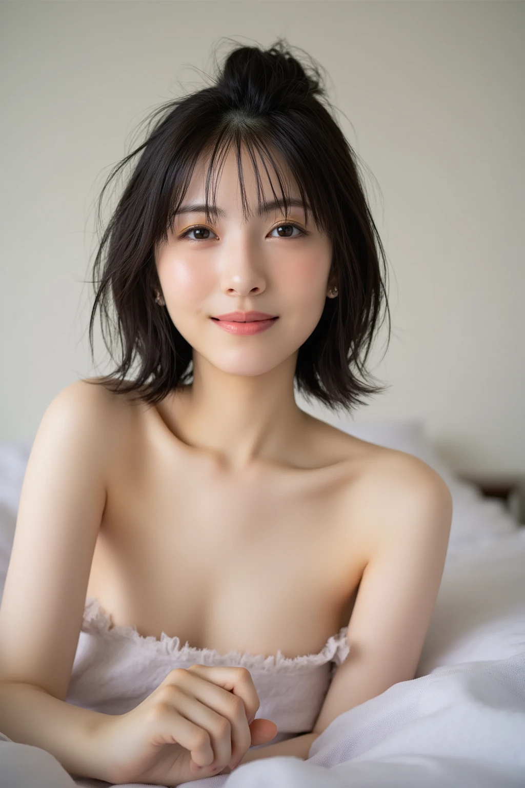 naked, Armpit sweat,Realistic, 8k, Full body portrait, Beautiful woman, Attractive appearance, short hair, 16 years old, Kamakura, Winters, linen, Small breasts, light makeup, sternum, clavicle,