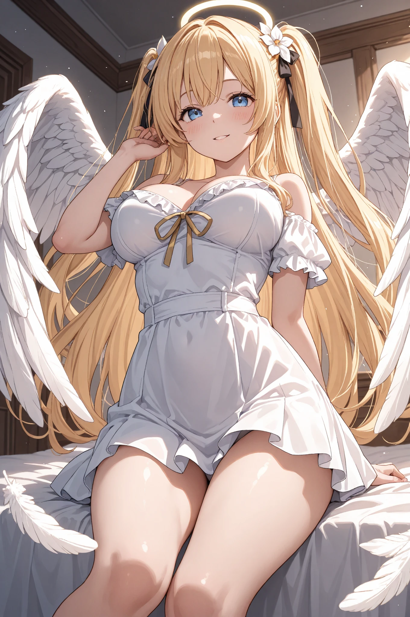 wariza,sitting,{full body},looking down from below,{foot focus},dynamic angle, dynamic cut,naughty smile,macrophilia,{white wings},{angel},{very muscle},{very curvy},{gigantic breasts},very tall woman,very big woman,gigantic woman,{long legs},{two side up},blonde hair,barefoot,cute dress shirt frills ribbon split corset skirt,best quality,solo,white background