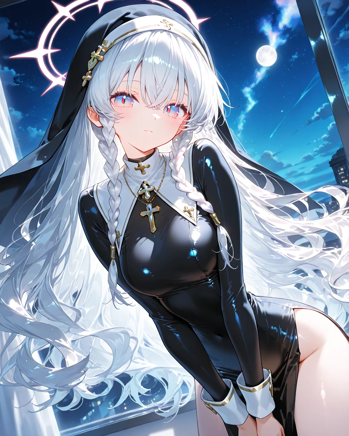 asuna,sao, crown half up hairstyle,, Perfect body, single human girl, white and silver hair, seductive smile, cleavage cutout, silver eyes, looking over eyeware, Cloak, elbow gloves, short dress, Garter, red Clothes, dusk, dusk sky, sunset,