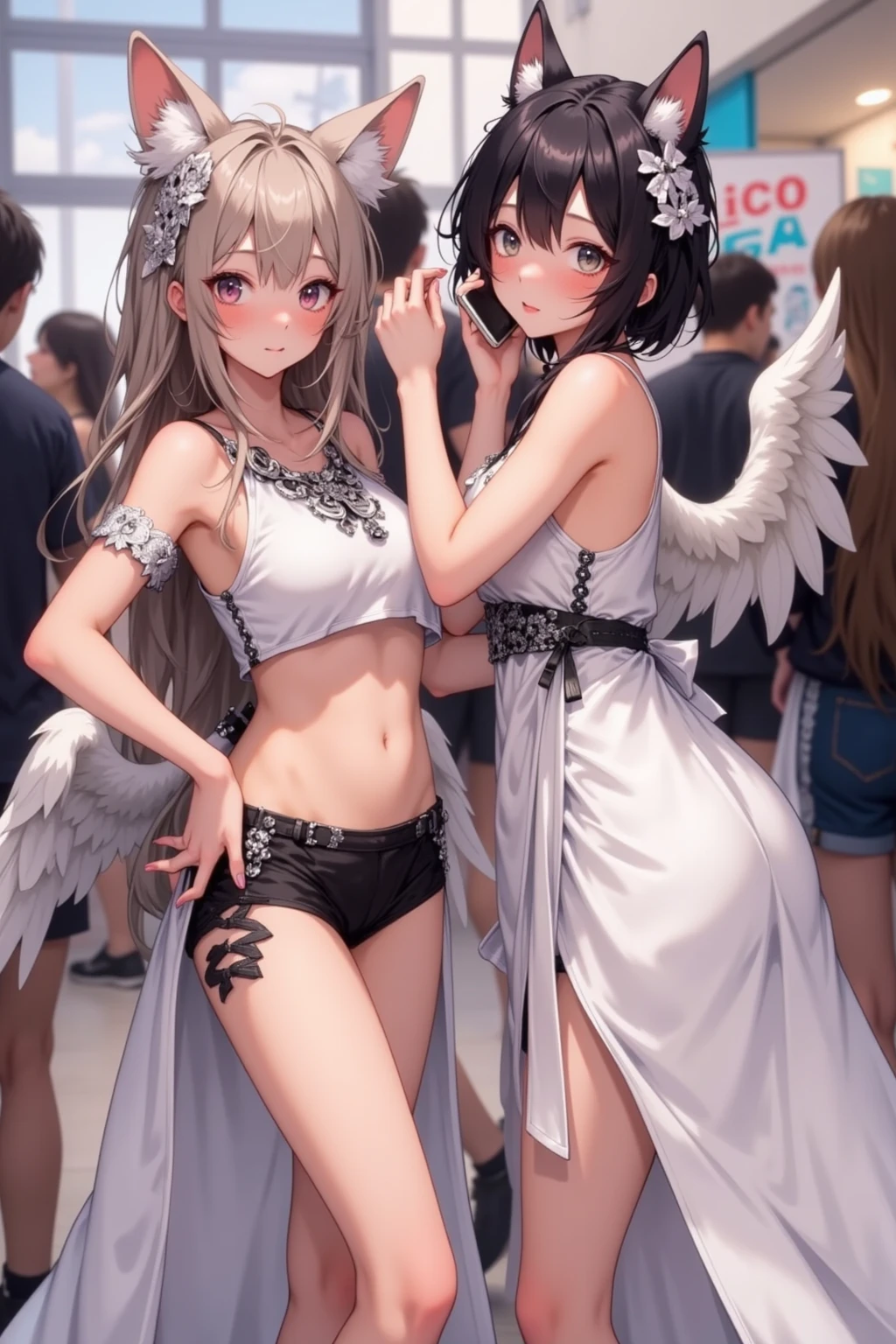 Beautiful 20-year-old Brazilian supermodel at Victoria's Secret Show, 1 person, Smiling, Best Quality, masutepiece, Slender body type, Detailed face, Skin glow, high-heels, Angel wings, More than knee boots, Diamond Good, full bodyesbian, Last Model Pose, Runway, looking at the viewers、slight smile、open open mouth、Standing、 Brown-eyed、brown haired、shorth hair、a necklace、Strip Bikini、Blue Bikini、bare shoulders、highleg、
