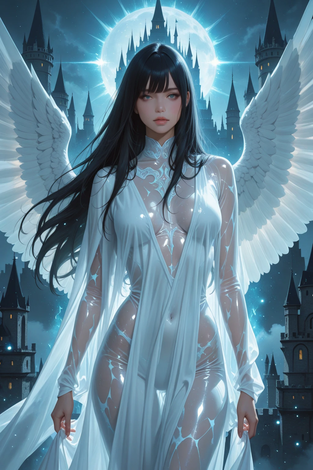 super villain, teen girl, evil, teenage,13 years old, with black hair and blue eyes, detailed face, small breasts, angelical face, cleavage, small breasts, teen (1.3), white, dress with cape, desing with christian cross , ice power, background in snow