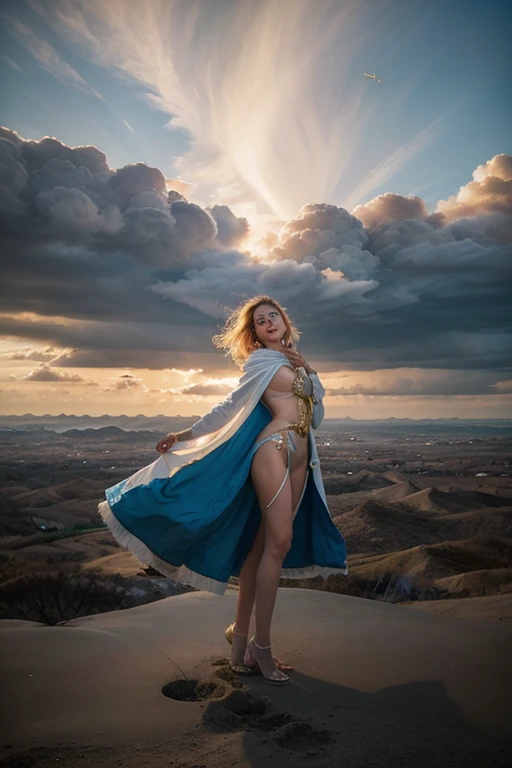 Ass, gyaru, dark-skinned, shiny oiled skin, blond hair, wearing japanese kimono,  in the top of mountain, deep fog, at sunrise, sunshine