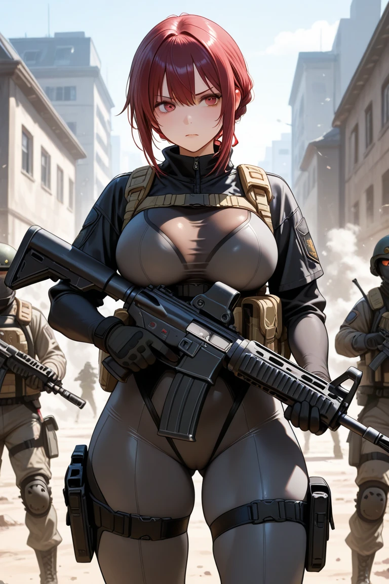 nsfw, anime screencap, 16K, perfect anatomy proportion body, perfect hands, action, A dynamic composition with a sense of speed and movement, (Hold an assault rifle:1.6), a wife, 40age, perfect beautiful delicate sexy face, perfect beautiful delicate slanted eyes, red hair, swept bangs pixie cut, medium breasts, abs, Sophisticated heavy armored steam-powered suit, Many robot soldiers having a gunfight in the background, Flying bullets, Urban battlefields, war, Post-apocalyptic,