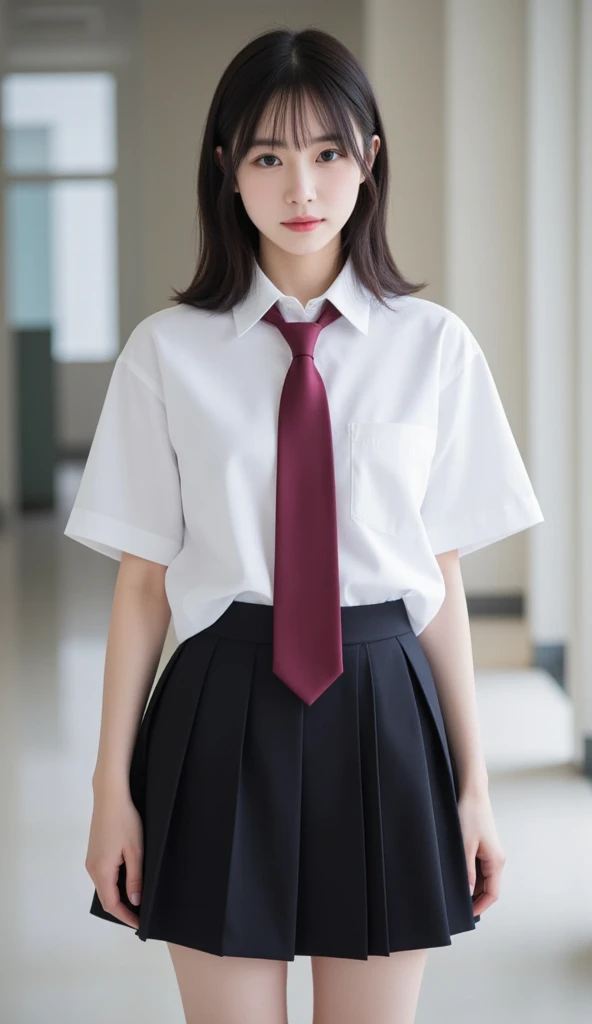 ((highest quality, 8K, masterpiece :1.3)), Photorealistic、Ultra-high resolution、Natural skin texture、Hyperrealism、Photograph from the knee up、12 year old beautiful Japanese girl、Large breasts、White collared shirt and tie、Checkered mini skirt、Serious expression、Angry