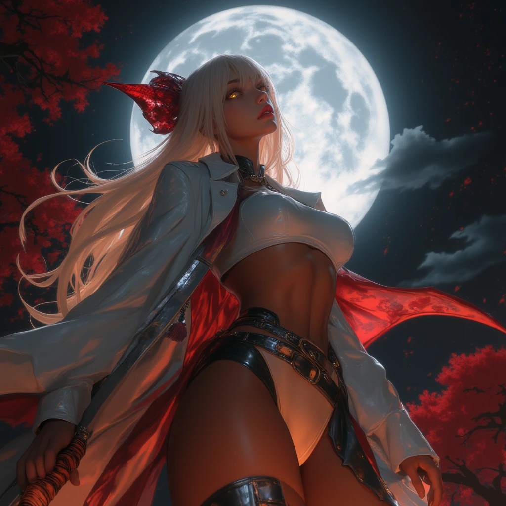 ninjartista eclipse lunar A Mata Facas cabelos pretos longos cabelo rabo de cavalo olhos amarelos Mulheres Bonitas (NSFW:1.0) young girl, super hairy pussy slip with medium breasts, tied up hair, tiny waist, very little nipples, sexy look, super sexy pretty face, gorgeous, villain, pubic hair