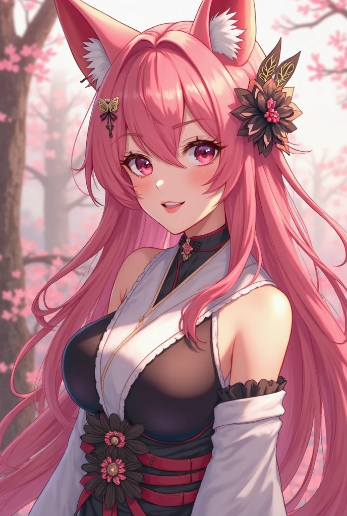 of the highest quality, Beauty and aesthetics, Very detailed, Detailed face and eyes,Anime, 1 girl, Fox ears, Big Breast,Fox Girl,Longhair,Hair color pink,Pink eyes,fluffy tail,walking in city, having tea,sexy dress、background is cherryblossoms、