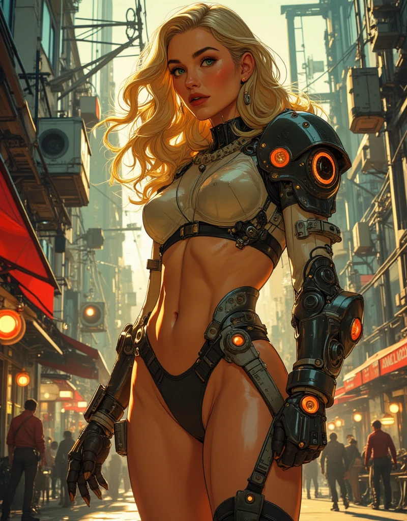 A blonde 18-year-old girl, wearing a bikini inside a lock, (meka) [mechanical] figure, Post-apocalyptic background in the night desert, Front angle camera from bottom to top (best quality, 4k, 8k, highres, masterpiece:1.2), ultra-detailed, (realistic, photorealistic, photo-realistic:1.37), HDR, UHD, studio lighting, ultra-fine painting, sharp focus, physically-based rendering, extreme detail description, professional, vivid colors, bokeh, portraits, landscape, horror, anime, sci-fi, photography, concept artists, golden tone, mysterious lighting.