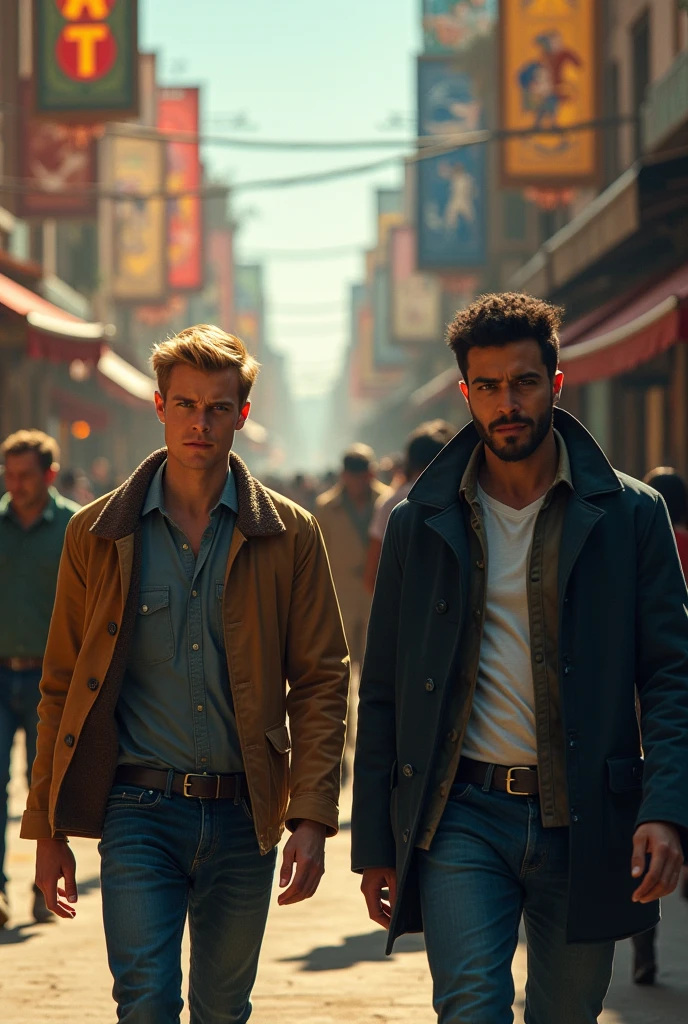 Ryan gosling goes shirtless in front of crowded people on a Street of town. He just wears leather Jacket. He laugh. Chris evan standing next to him