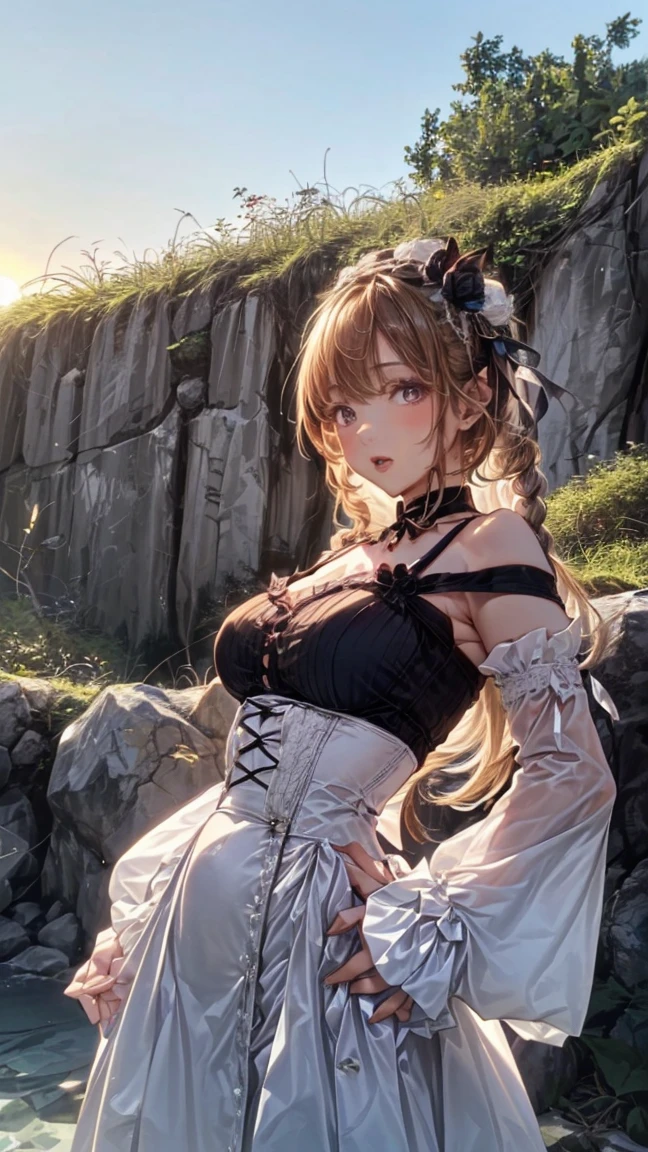 (absurdres, highres, ultra detailed), 1woman, mature female, aged up, wavy long hair, auburn hair, coral eyes, bangs, long sleeves, finely detailed eyes and detailed face, extremely detailed CG unity 8k wallpaper, intricate details, (style-swirlmagic:1.0), looking at viewer, solo, upper body, detailed background, close up, detailed face, (gothic dark ages theme:1.1), crystal sorcerer, dynamic pose, earth themed clothes, crystal crown, floating in the air, glowing magical shards, surrounded by blue magical crystals, rock formations, stalactites, magical floating particles, crystal glass, crystal sphere, crystal canyon background, (shallow water:0.7), epic ethereal atmosphere, updraft,, portrait
