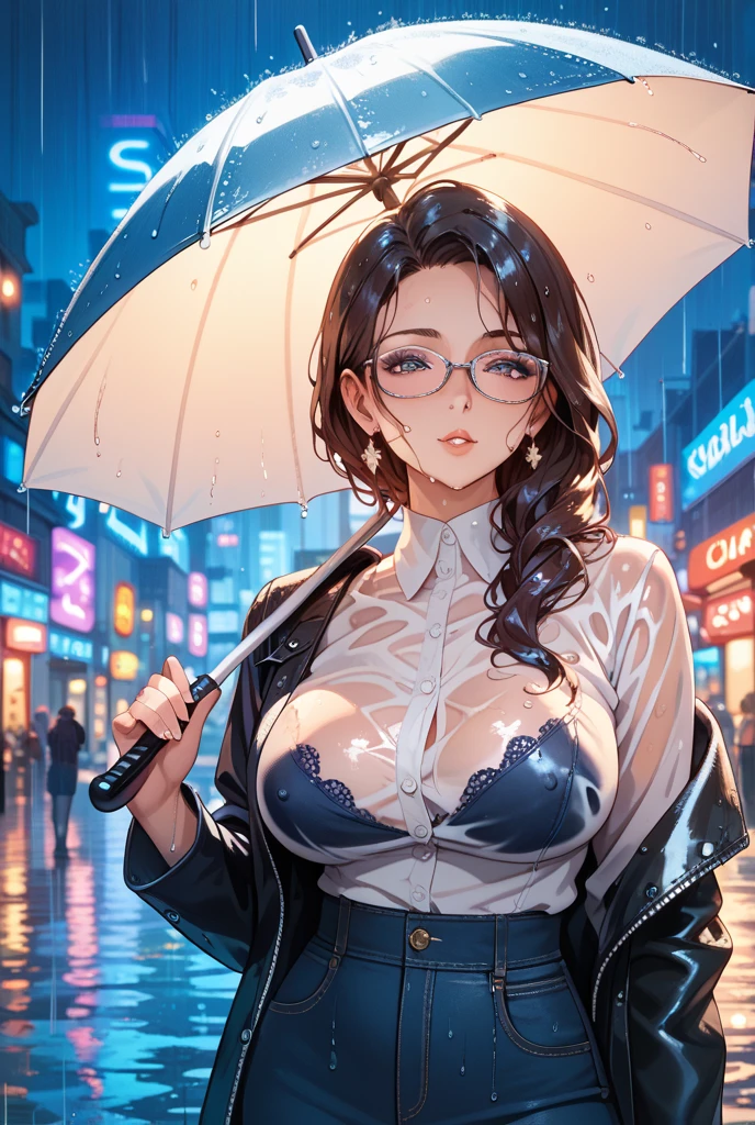 cute girl,(((1girl))),((anime girl with extremely cute and beautiful black hair walking seductively down the street)),

(Large breasts:1.4),(((black hair:1.35,colored inner hair,ear breathing,large hair,tomboy haircut))),((green eyes,perfect eyes,upturned eyes:1.3,beautiful detailed eyes,finely detailed beautiful eyes:1,big highlight on eyes:1.2,slanted eyes)),((fat)),((lustrous skin:1.5,bright skin: 1.5,skin tanned,shiny skin,very shiny skin,shiny body,plastic glitter skin,exaggerated shiny skin))),(spider lower abdomen,narrow waist,wide hip,athletic body,inflated legs,delicate detailed fingers,detailed body,detailed arms,human hands,(detailed face)),

cute,slutty,seductive,erotic,(((nsfw))),

((((glasses)))),(((wearing white formal blazer,black formal pants,))),(((huge cleavage))),(detailed outfit,detailed clothes),

(dynamic pose:1.0),solo focus,embarrassed,centered,scale to fit dimensions,Rule of thirds,

outdoors,((night view)),(very pretty city neon synthwave,cyberpunk night street Background:1.5,dark sky,thick clouds),future vehicles,((neon lights)),thick clouds,(cyberpunk style,neon lights, (synthwave theme background), lonely street),(((detailed background:1.25))),

(best quality),(high resolution),(sharp focus),(ultra detailed),(extremely detailed),(extremely high quality artwork),8k_wallpaper,(extremely detailed CG 8k),(very fine 8K CG),((hyper super ultra detailed perfect piece)),flawless,(((masterpiece))),illustration,vibrant colors,(intricate),High contrast,Selective lighting,Double exposure,HDR (High Dynamic Range),Post-processing,Background blur,