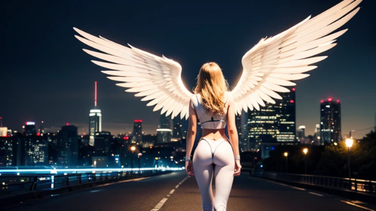 This image depicts a female angel, soaring over the city at night.. The lights of the city create a golden and dramatic atmosphere., while its refined presence and dark wings contrast with the urban environment.. The woman appears protective and alert..