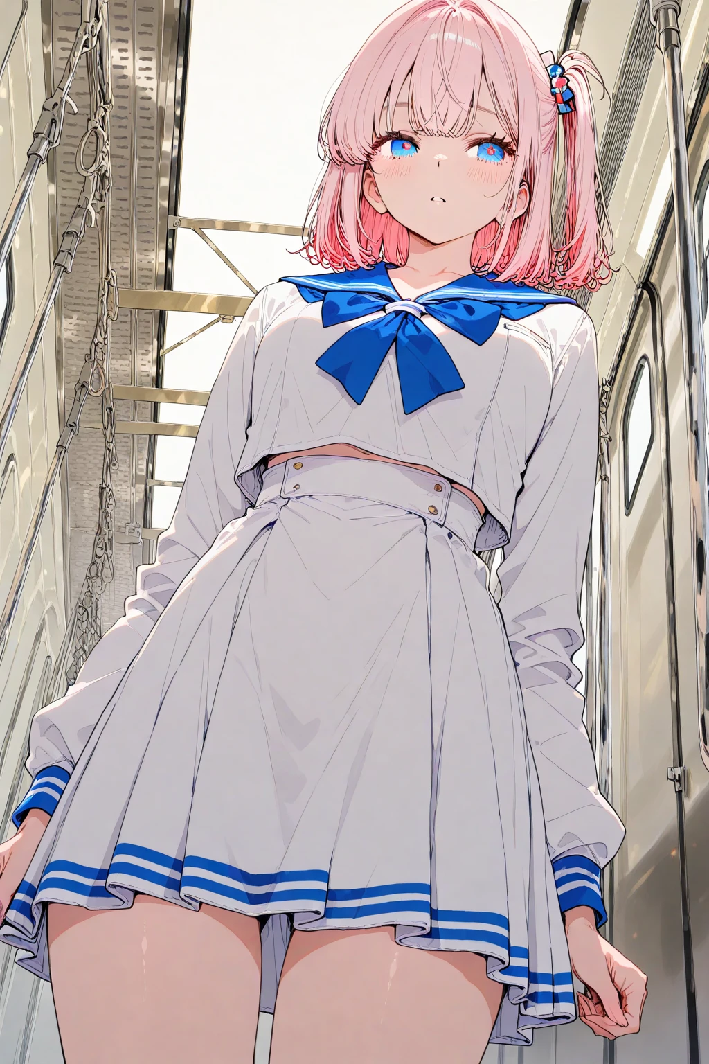 (Perfect body),Best Quality,16 K,(Lori)、((blush)),(Short hair), (((Orange Eyes))),thick thight,((((Pink hair)))),Standing,Sweat,flabbergasted,(((small tits))),(((front-facing view)))),cowboys_shots,((((Wavy Hair)))),Ahoge,hair clips,((Yellow camisole)),(pink ruffle skirt),(((Light blue striped panties))),(white knee-socks),((Panchira)),Big ass,On the train,flat chest、blush,Spread legs,Wet、is standing,Looking at Viewer,((( short in stature))),((Skirt_lift))
