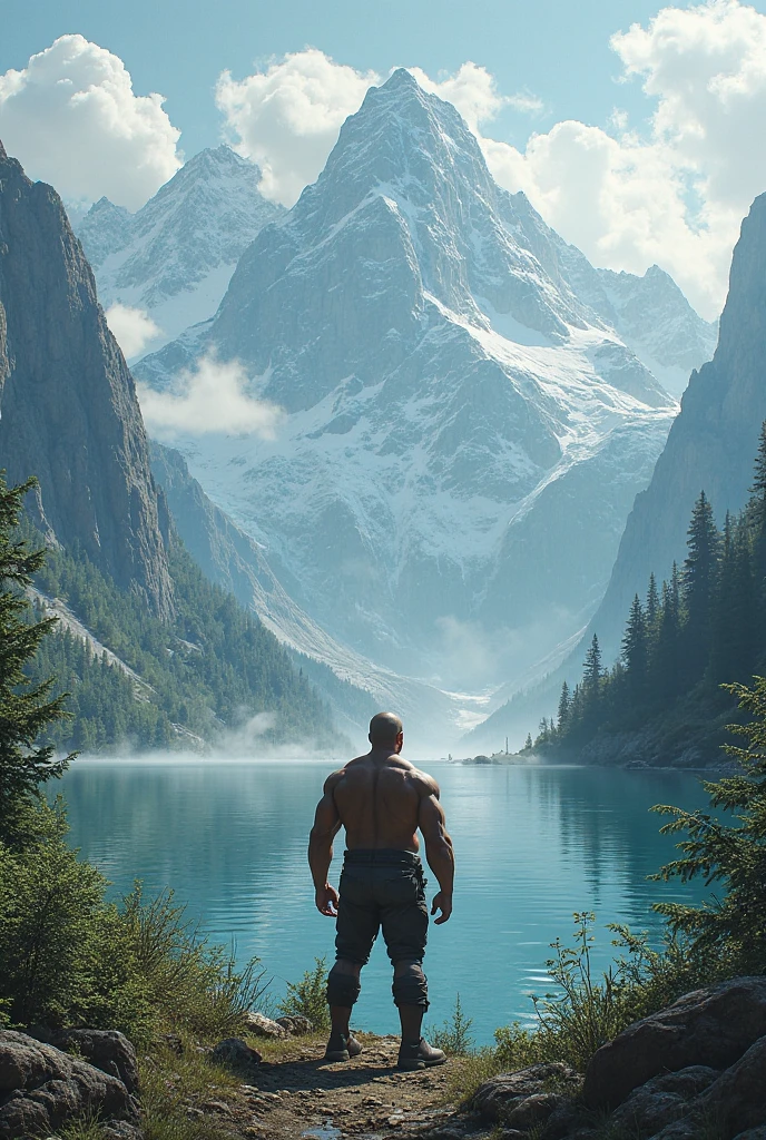 bodybuilder stands on top of a mountain