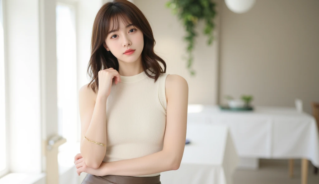 ( (((A beautiful woman))), (a cosy sofa),(((detailed face))),(beautiful legs), perfect body anatomy, hands on hips, huge breasts,pretty,white sleeveless turtle neck, white silky clothes, pink mini-skirt, 4k , super high resolution ,(photo-realistic: 1.7), candle light background,black short hair, ((SFW)), SFW cowboy_shot, bokeh night.)