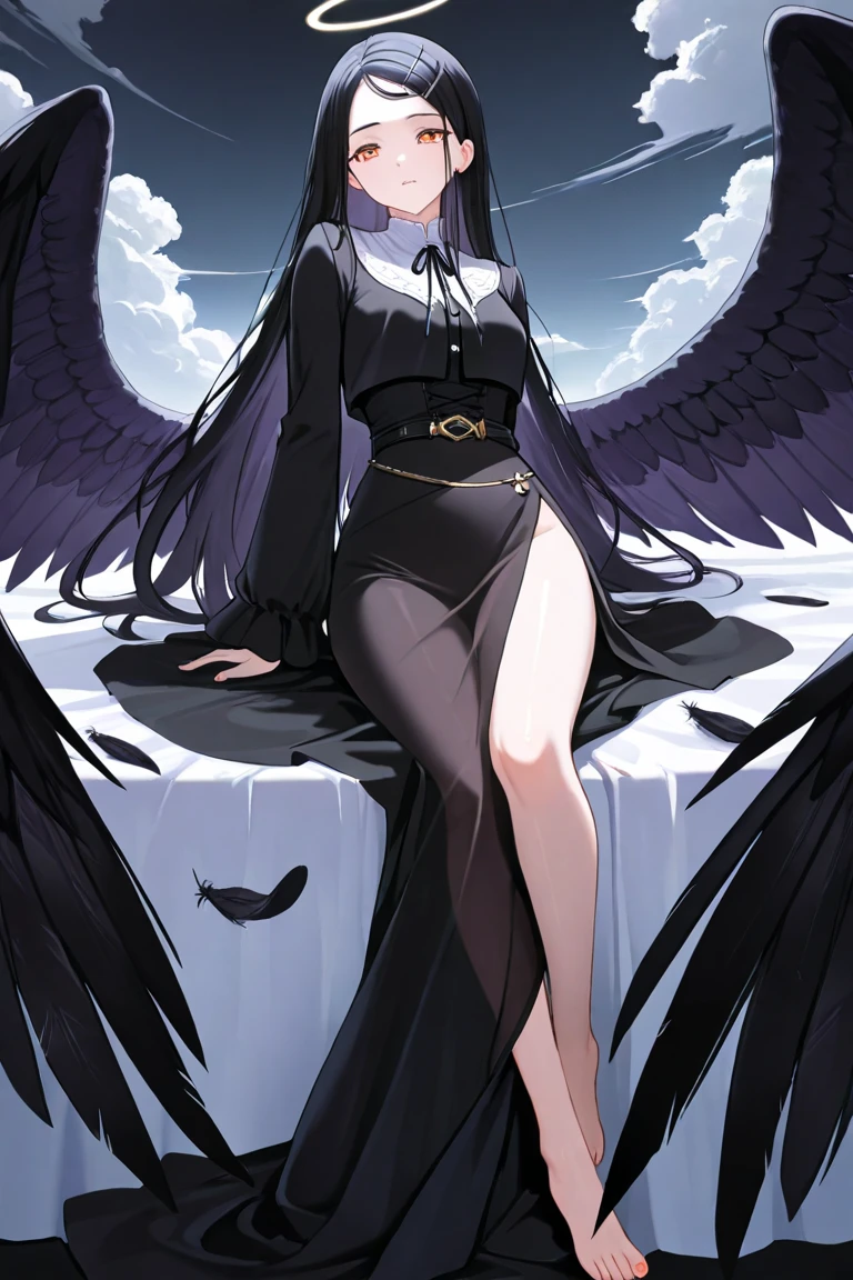 (8k), (best quality), (ultra detailed), (perfect anatomy), crow girl, full height, long, dark hair, golden eyes, crow's wings, dark clothes, torn cloak, sitting on a tree, location is dark forest, moon night, sly look
