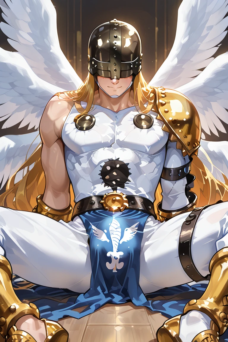   girl,armor, slit, bare breasts, hair hide nipple, ((flat chest)),slender, In to stage,long hair,(loli),danceing,white hair,angel wings,(((golden helmet))),(((cover one's eyes))),city street