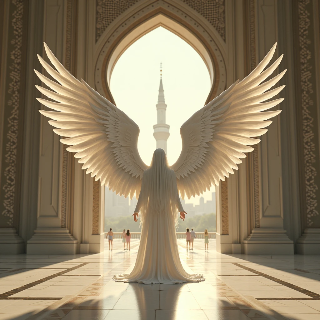 Legendary photo of heaven Palace made of gold and silver and  pearls angel in front of a text where is written the word "Sadaf"