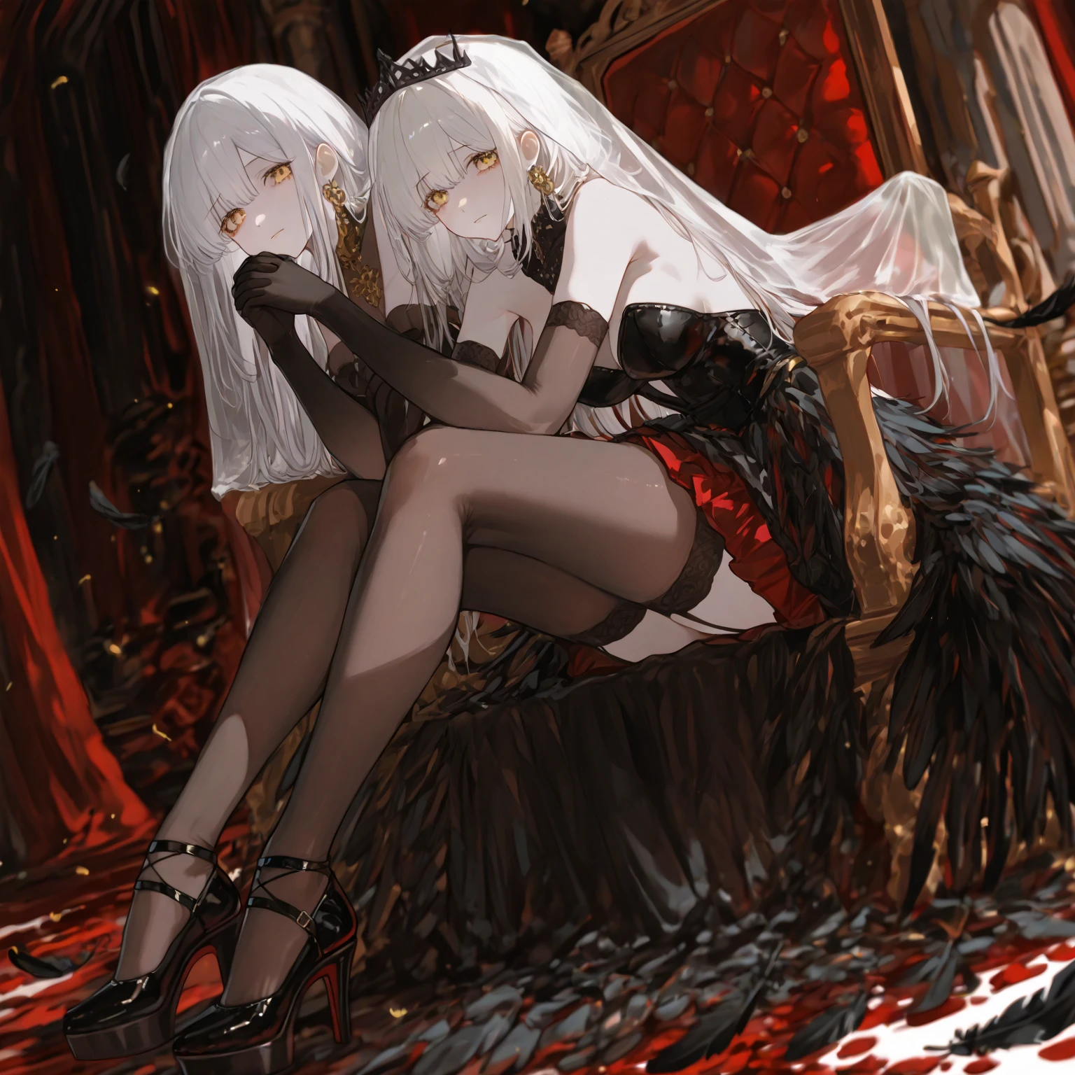 ((Cold and glamorous+Adult daughter+the elf+Black and red color scheme),whaite hair，long whitr hair，red - eyed，One bewitching woman，wonderful dress，shift dresses，long  skirt，Raised sexy，Black silk gloves，Starlight decoration，palace background，Next to her stood a maid，huge tit，long leges，Charming，Wine glass in hand，Black heels，Black asymmetrical stockings，Seductive laughter，Wicked laugh