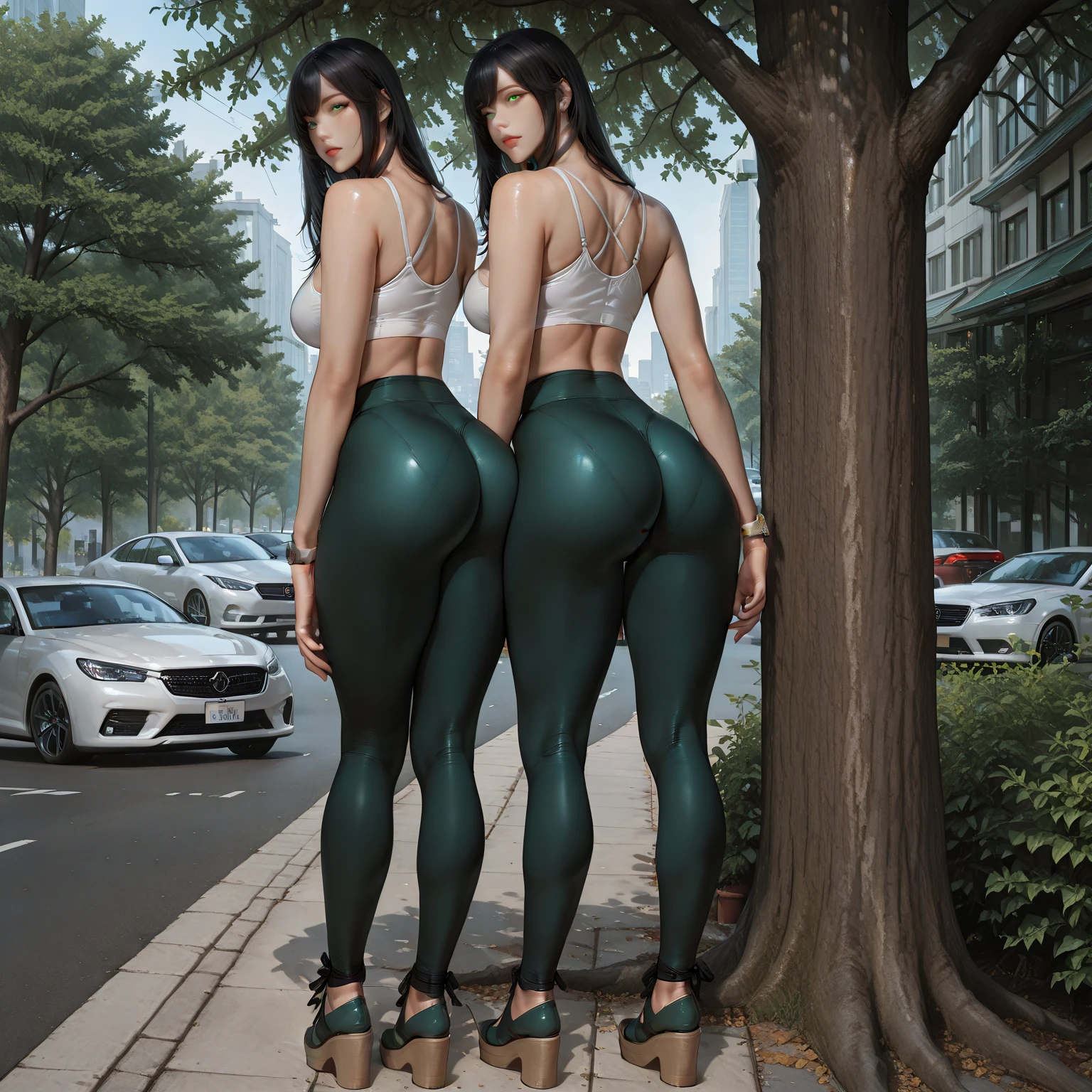 masterpiece, best quality, highres, 3girls, long hair, leggins, fitness, view from behind, outdoors, smile, muscular, abs, huge tits, cleavage, big butt