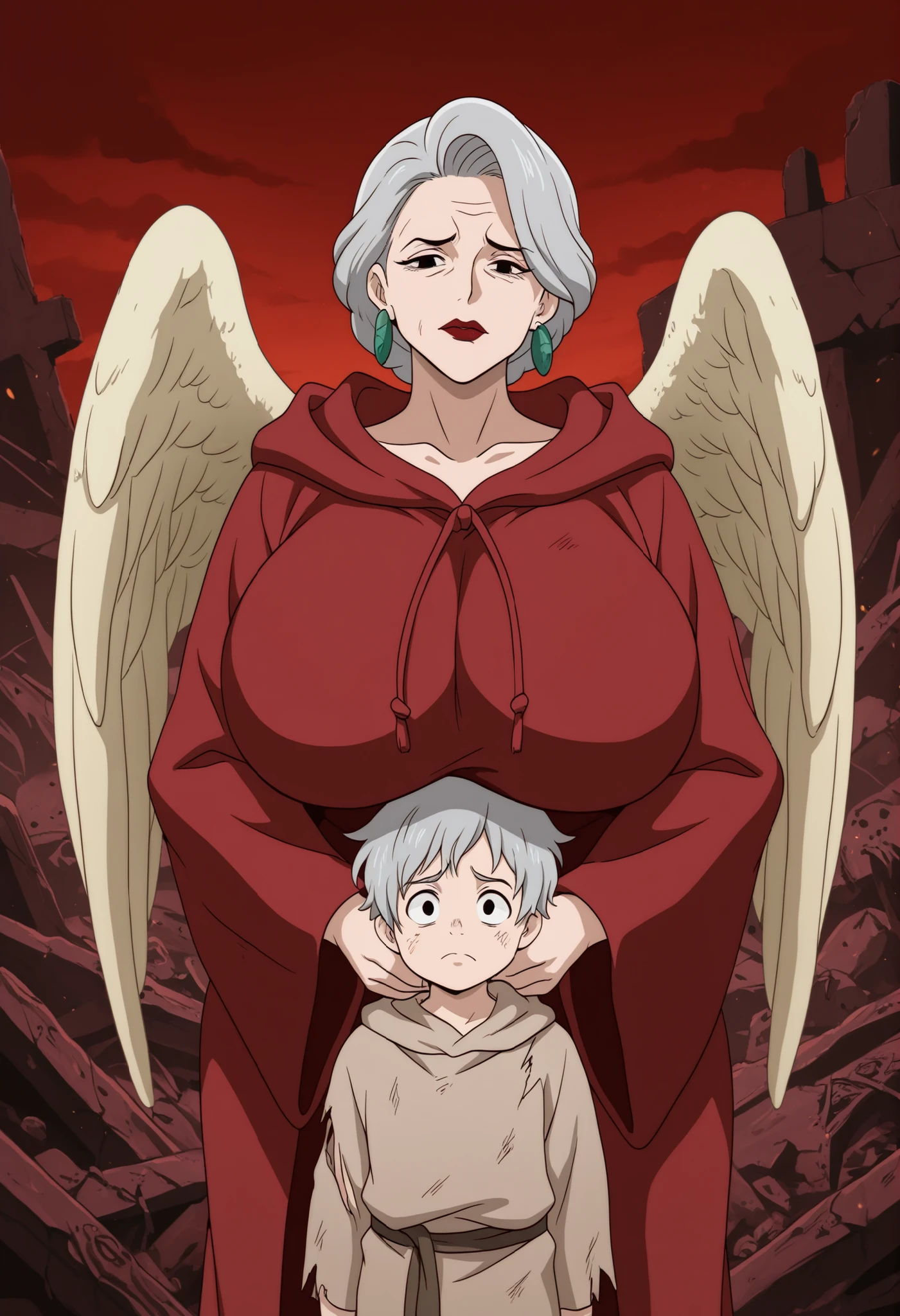 Grandma. gray hair, black eyes, short hair, dark red lips, wrinkles, earrings, makeup, huge saggy breasts, cowboy shot, frown ,looking at viewer, masterpiece, best quality, amazing quality, old woman and young guy.| young boy. 1old woman. The eoung boy King and mature woman Queen of Hearts from "Alice in Wonderland" are depicted in a state of ruin. Their once magnificent robes are tattered and torn, and their golden huge angel wings are dented and tarnished. They stand side by side, gazing out over a desolate post-apocalyptic landscape. The sky above is a dark, ominous red, casting an eerie light over the scene. The ruins of their former kingdom stretch out before them, the once grand castle now reduced to rubble. Despite the devastation, the young King and old Queen maintain a regal bearing, their expressions stoic and dignified. The scene is a poignant reminder of the fleeting nature of power and the inevitability of decay.