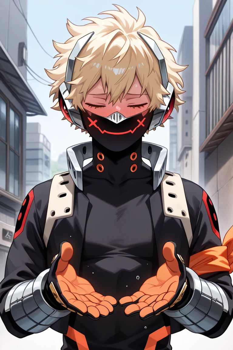 absurdres, highres, ultra detailed, HDR, master piece, best quality, perfect face, beautiful eyes, delicate features, Quincy, blond messy hair, expressive amber eyes, Nu Carnival, solo, sexy man, handsome, prisoner orange clothes, orange pants, black metal mask over the mouth, black collar, underground dungeon