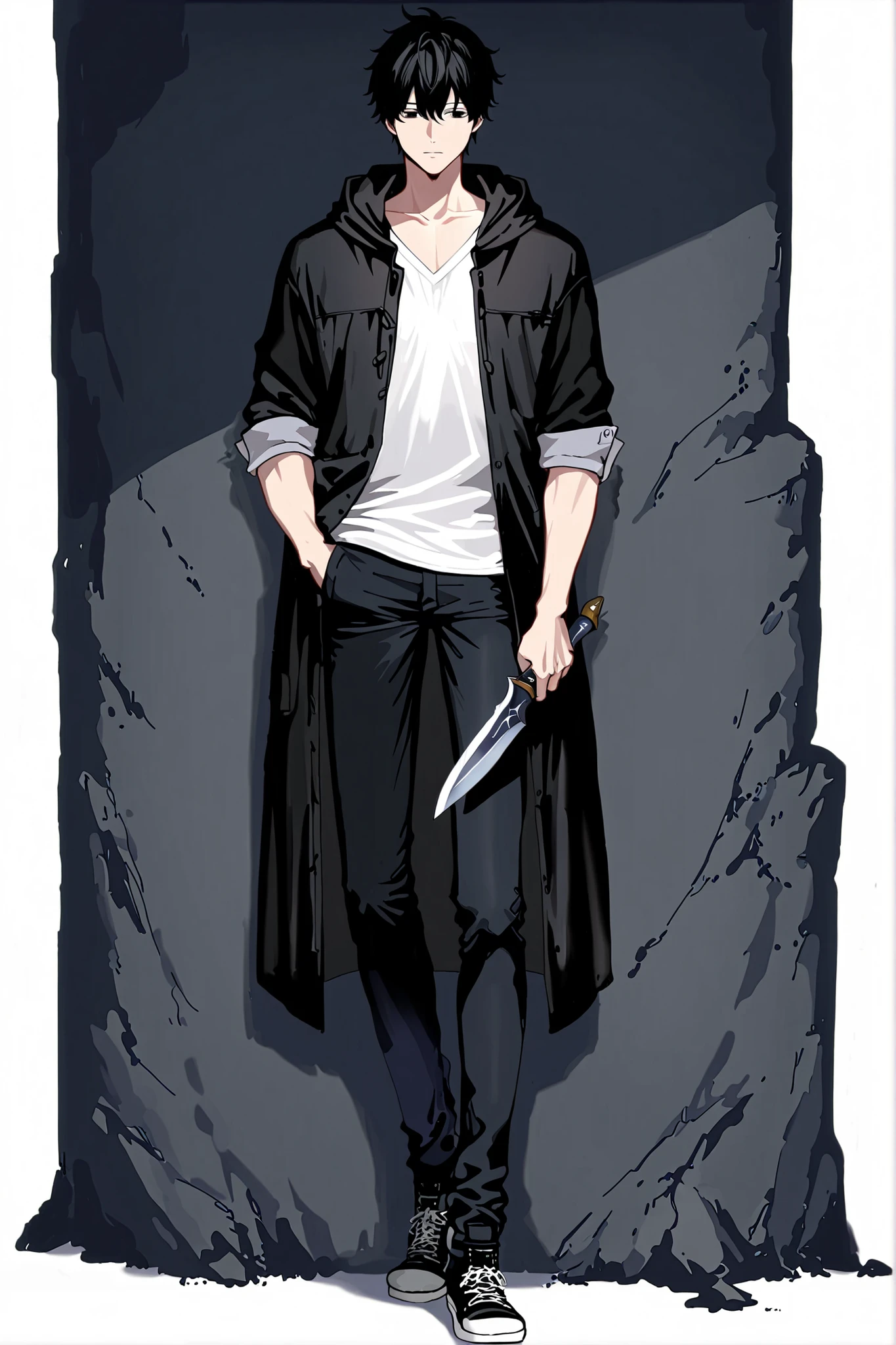 1 male, handsome, simply standing, front view, black hair, black eyes, eye highlights, v-neck short sleeve white t-shirt, black hooded coat (sleeves roughly rolled up), black jeans, black sneakers, holding a dagger in his right hand, keeping his left hand in his coat pocket, white background