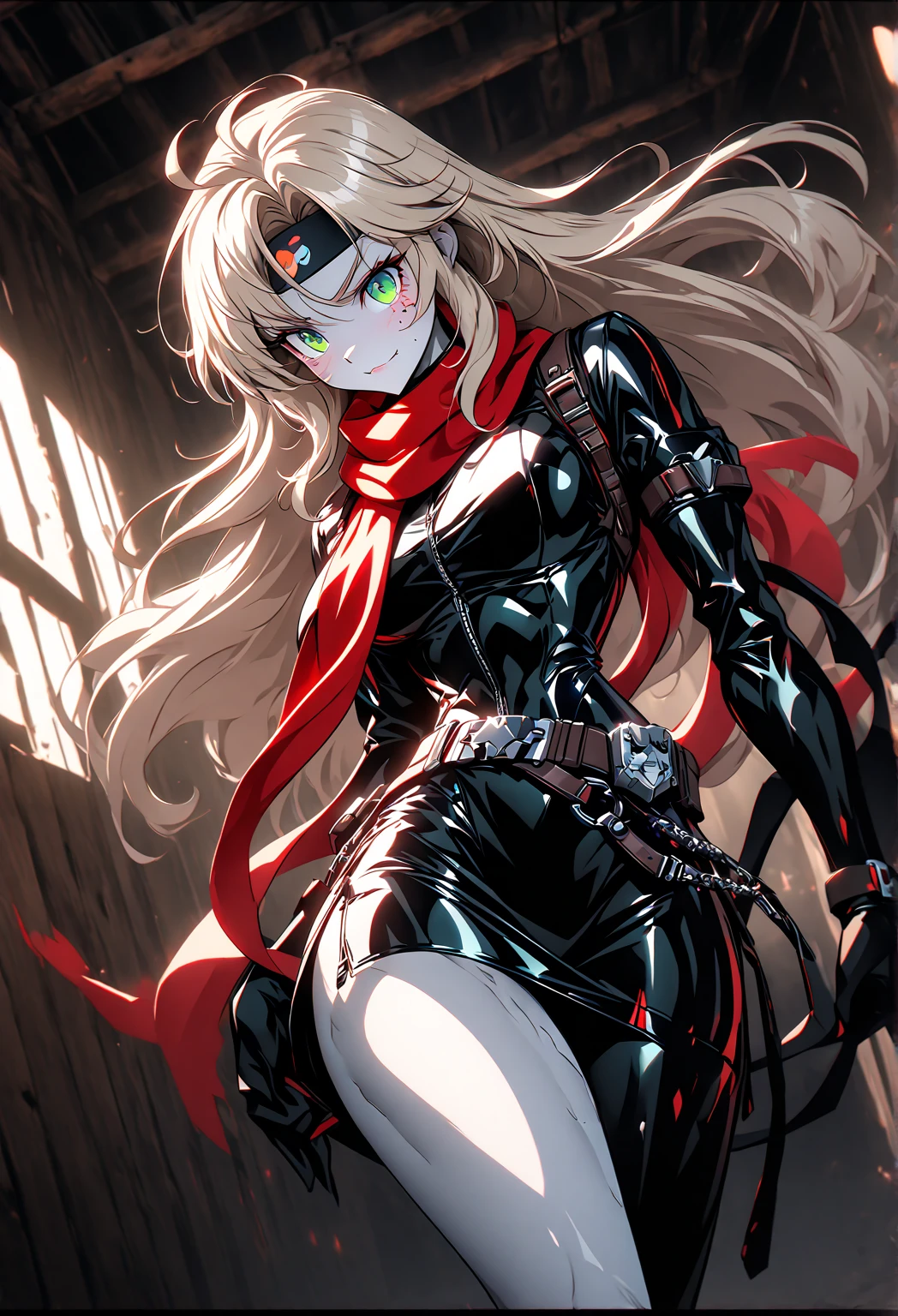 slender, mature female, 1girl, rating:safe, blonde_hair, solo, weapon, hair_ribbon, dagger, bodysuit, ribbon, long_hair,green_eyes, looking_at_viewer, gloves, standing, small_breasts, cowboy_shot, holding, breasts, holding_weapon, black_ribbon, gas_mask, skin_tight, holding_dagger, covered_mouth, knife, battle_knife, bangs