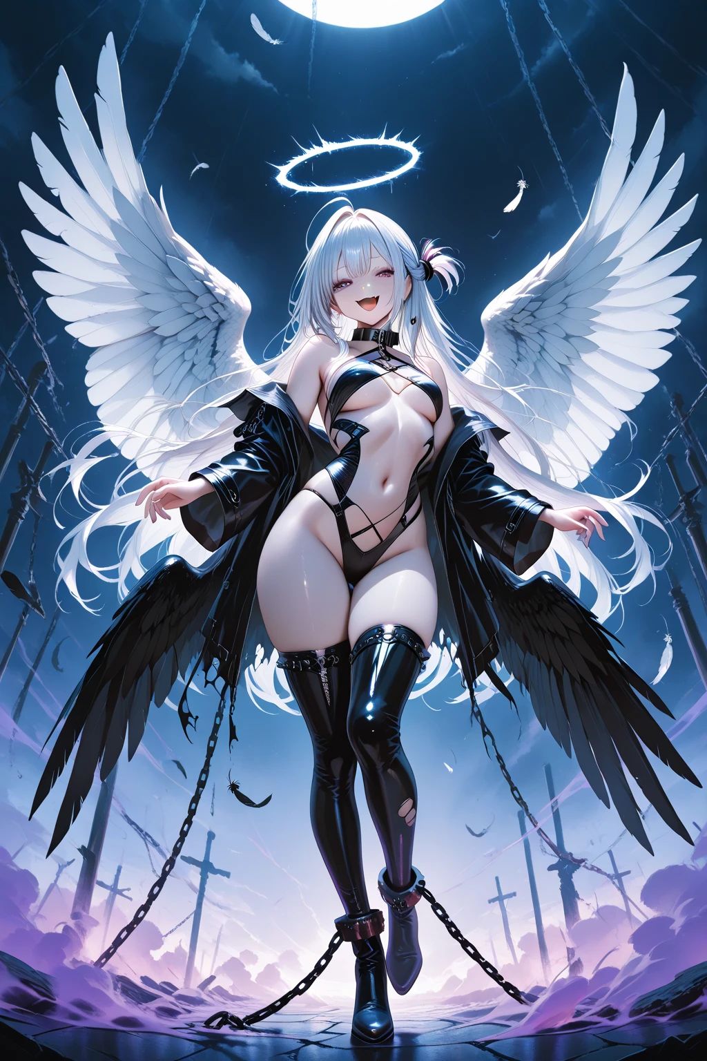 angelicales，(gigantic cleavage breasts:1.3)，Solo，Long gray hair，Cross your hands at the waist，Strapless bra，latex high heels boots，latex glove，grin face，stand posture，simplebackground