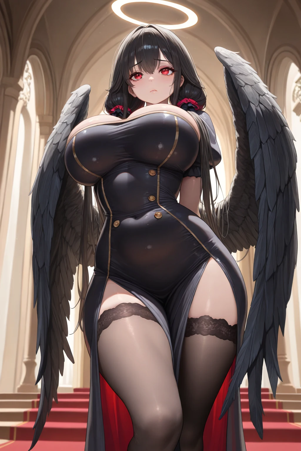 BREAK looking at viewer, BREAK (masterpiece:1.2), best quality, high resolution, unity 8k wallpaper, (illustration:0.8), (beautiful detailed eyes:1.6), extremely detailed face, perfect lighting, extremely detailed CG, (perfect hands, perfect anatomy),church,benches,icons,candles,crosses,night,dark atmosphere,low light,albedo, ahoge, black hair, horns, long hair, (yellow eyes:1.5),skinny fit,
bare shoulders, belt, black wings, collarbone, dress, feathered wings, frills, long sleeves,necklace, off shoulder, off-shoulder sweater, sweater, sweater dress, thigh strap, white sweater, wings, wrist ribbon, thighs,maniac smile,stockings,medium breast,full body,high heels,sitting on bench in middle of church,from below,long legs,spread legs.