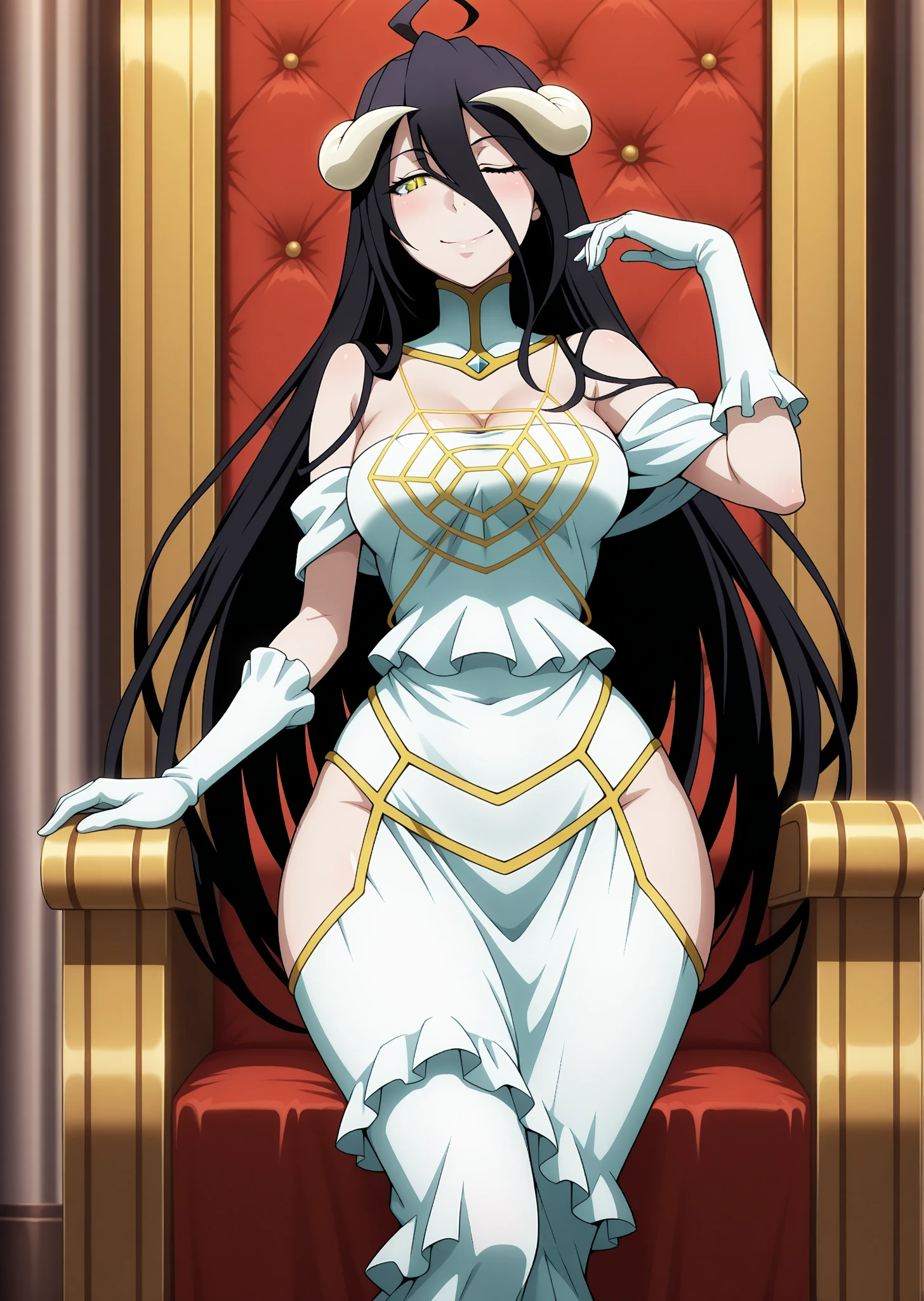 woman in the image sitting on a chair with a throne, beautiful and seductive realistic anime woman, with her clothes being a black and gold military uniform