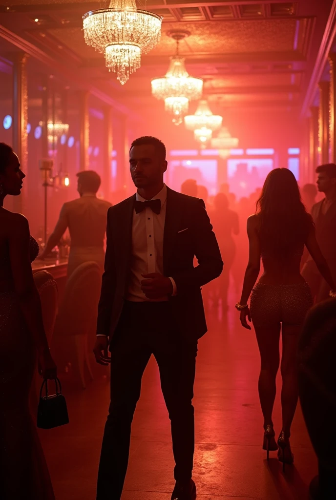 A realistic man in Miami in 1980 in a bar, black hair, in a black suit, all seductive, confident and elegant, surrounded by several faded women in the background with red lights
