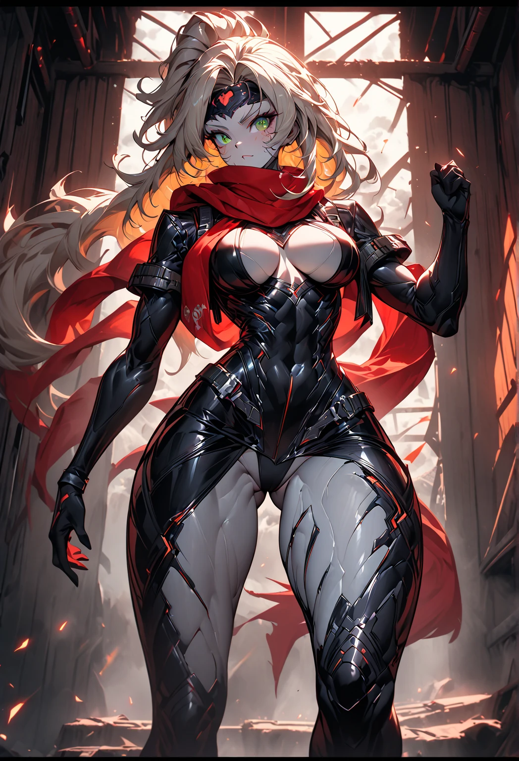(masterpiece、8K、Ultra-delicate、hight resolution),(((Female Ultraman))),(((No muscles,large Boob))),(her head is tapering,The body is made of red and silver,blue armor,The arms present a streamlined design,On the chest there is a round calculator,Looks tall and thin,The overall shape is streamlined、Modern),posed for photo,high-angle,city ruins,backgroung details,(((full body Esbian))),独奏,(((Huge feeling))),NSFW,Cameltoe,(Dynamic victory Pose:1.2),from below,groin focus,the morning sun,(Erect clitoris:1.3),((Open pussy:1.5)),(wet pussy:1.1),(long silver hair:1.1),red blush,smile、Attaching a cloak