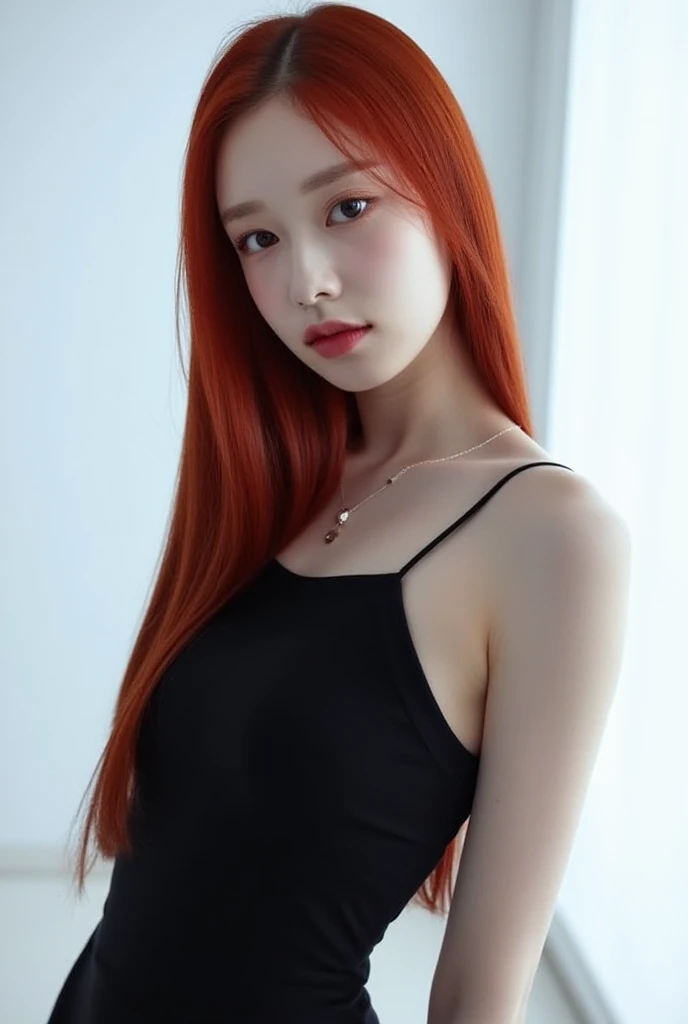 there is a woman with red hair posing for a picture, she has long redorange hair, with long red hair, ulzzang, with red hair, brown red long hair, pale red, portrait of jossi of blackpink, long glowing red hair, portrait jisoo blackpink, she has long orange brown hair, red long hair, jossi of blackpink