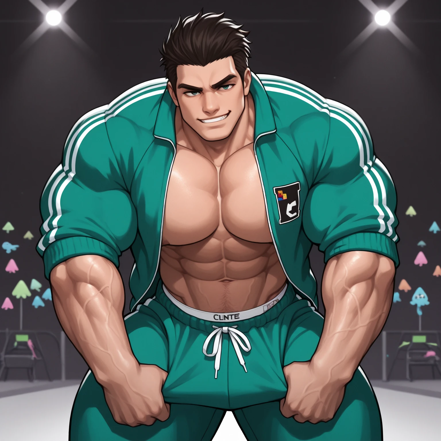 <lora:turbomale_LoraV6:1> ,1man, chinese muscular man, short hair, make a fist, looking at viewer, <lora:zhongguoJacket_v10:0.8>, (zhongguo_jacket:1.2), man sport pants, white Men's Tank Top ,(zipped_clothes:1.2), school background