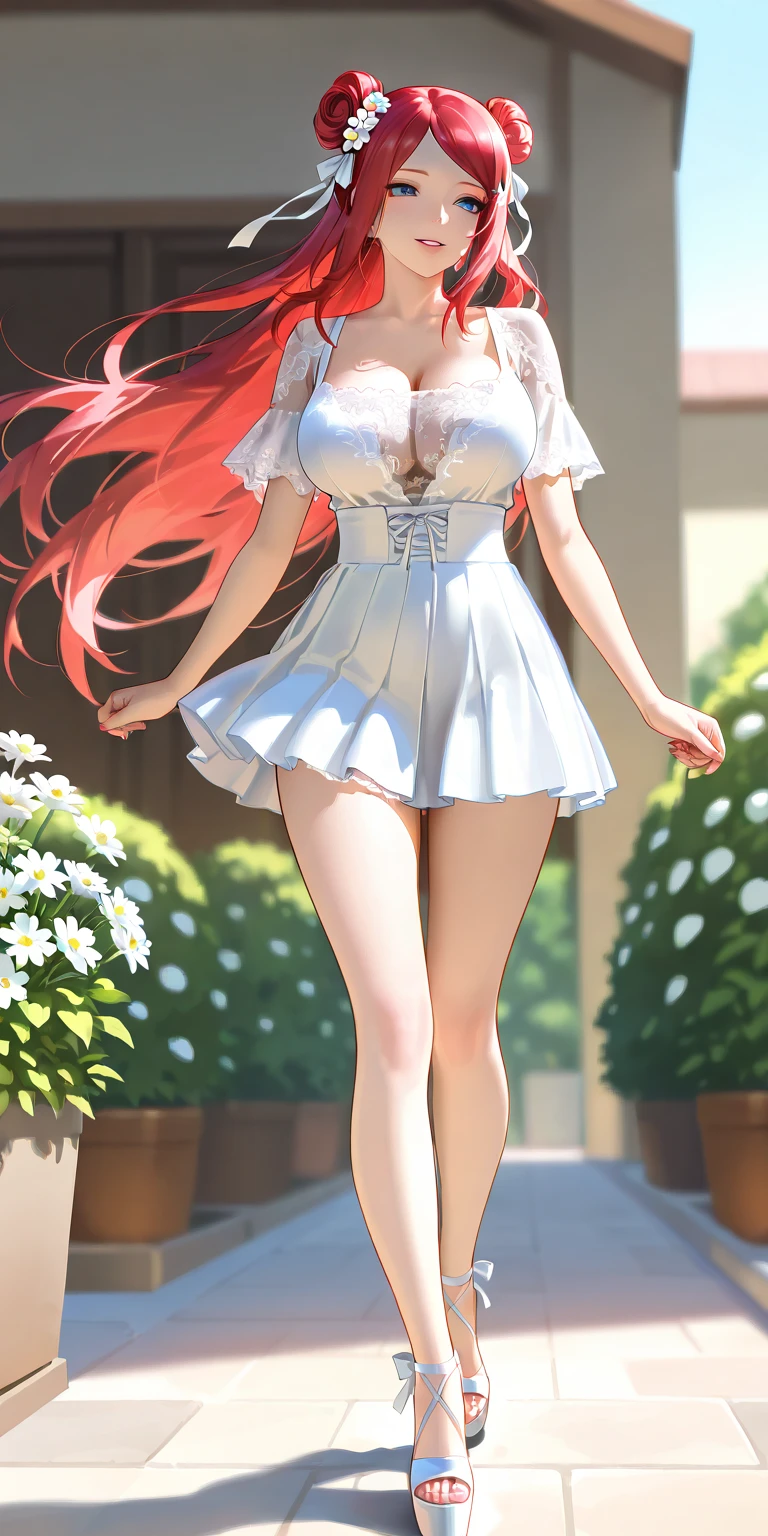 Hair red gradient blonde, teeth, night sky, beautiful detailed face, cleavage, garter belt, closed high heels, face focus, shiny skin, game CG, nearby sky, moonlight, moon, white glowing, mini dress glass magical girl beauty, lifting skirt, intricate surface details, crystal core, ethereal fantasy, realistic, fiction, full HD, 8K photo