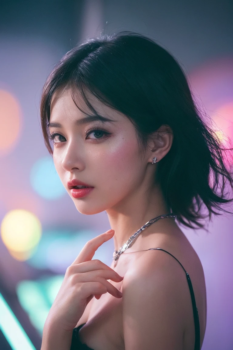 Highly detailed CG Unity 8k wallpaper, top quality, super detailed, masterpiece, 1. Beautiful girl in night club, close up of face, looking directly in camera, realistic, photorealistic, highly detailed cute girl, 20 years old, ((black hair: 1.4)), ((dyed black)), (gal), round eyes, a detailed face, Studio light, Professional lighting, (beautifully detailed eyelush, parted lips, semi-body shot, (nice dress for night club), ,short hair,