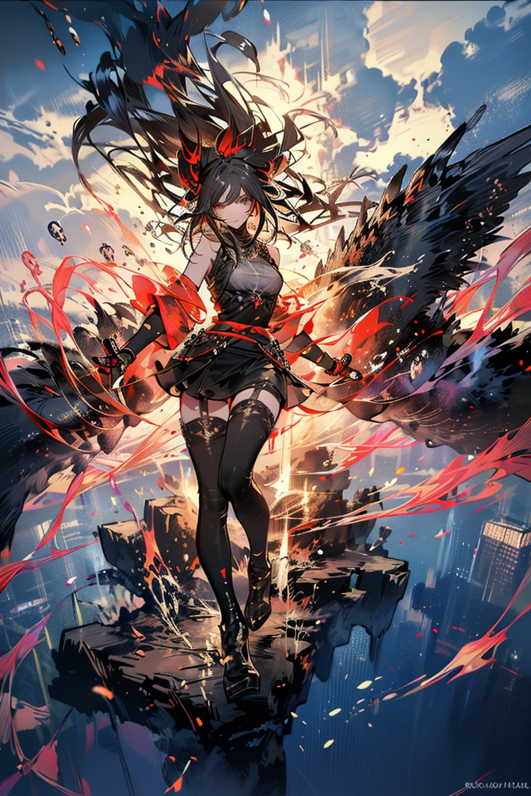 Art Station, White Background, Standing in the Wilderness,whole body、Equipped with Crow Gauntlets、Long Black Hair、triumphant smile、Small breasts、, As if smoke and shadows were given shape, Wings made from giant crows, Dancing crow feathers, Many glowing red eyes, Shadow Claw, Supernatural Lightning and Fire, ((black sun)), 8K high resolution, トレンドArt Station, whole body,Black Feather Dress、A whirlpool of countless red-eyed crows、Nova explosion、Nuclear explosion

