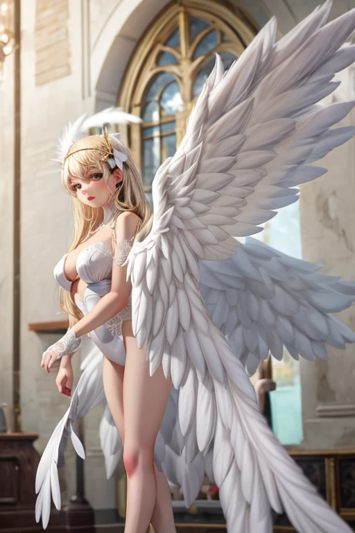 finest image, (8k, RAW photo, realistic), detailed and delicate depiction and flashy and dynamic painting method, naked:1.5, no clothing,  neat and beautiful female angel with wings, iridescent blonde flowing layered long hair, blue shining big eyes, long eyelashes, double eyelids, half open crimson alluring moist big thick lips, A pampered and begging look, amorous expression, lewd expression, ecstasy, orgasm,super  huge torpedo breasts, perfect abs body:1.5, slender, perfect proportion, spread both hands and spread your legs wide on the bed, blurry background royal bed room, fantasy, many red petals, iridescent golden particles, iridescent light, professional lighting, hairless body, no bodyhair,