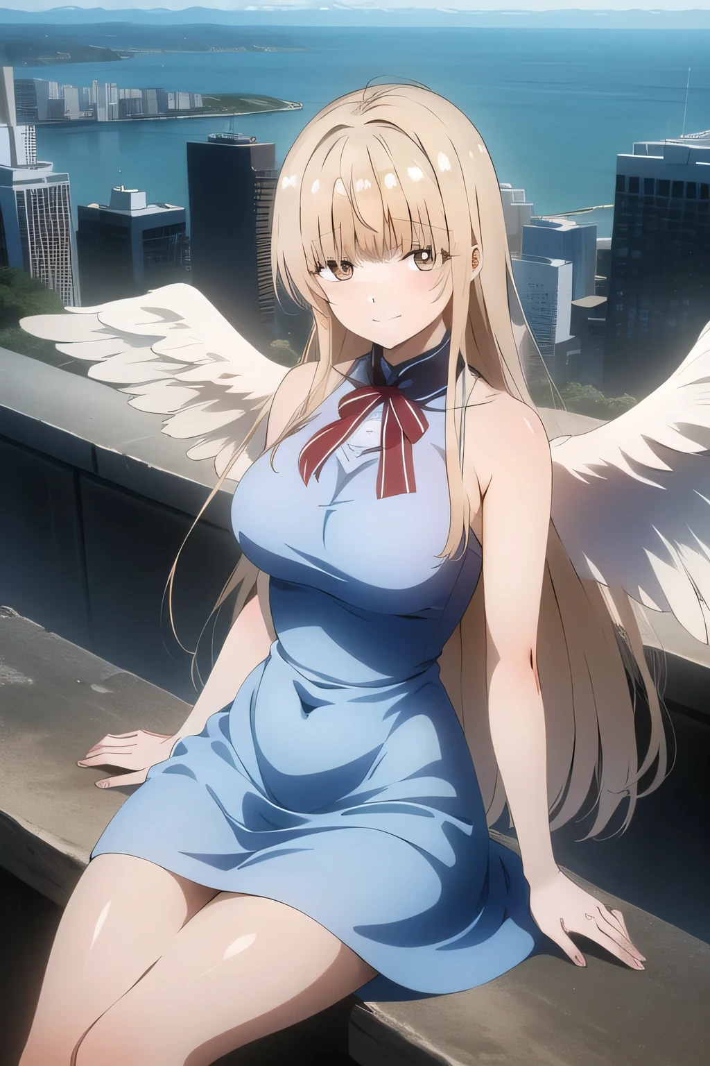 draw a woman with angel wings on her back,A woman looking at the city from the top of a skyscraper,long dress,Women with Adorable Smiles,彼女の表情をPlease draw more delicately,,,Women with Adorable Smiles, ,, they are relaxed , , (Please draw more delicately),、can you draw a woman with lots of chocolate,, Beautiful woman with long brown hair , , big breasts, thin waist , , , adult sexy women ,, sexy 20 year old woman , limbs,beautiful legs,