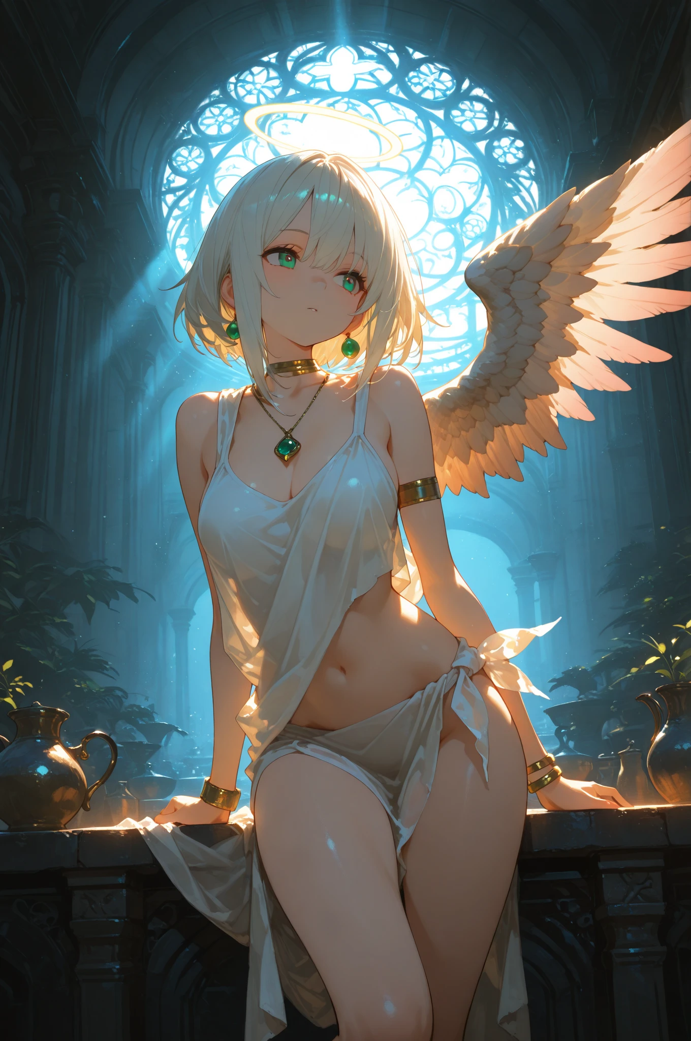 flat chests, nsfw, masterpiece, 1 girl, erect nipples, intricately detailed, topless, navel, bare shoulders, necklace, blonde, long hair, white skirt, angel wings, flying, extremely detailed, photorealistic, octane render, 8 k, unreal engine, bare breasts, puffy nipples, blue eyes, extending hand, sky, fantasy, enchanted, angel, bare stomach, sweaty, child, small breasts, flat chest, arm strap, full body, halo, wings, feathers, light, smiling, outdoors, bangs between eyes, hair ornament, white sarong, gold thigh strap