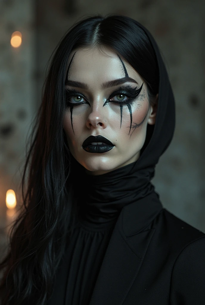 arafed woman with black makeup and black makeup holding a finger to her mouth, scary look, gothic horror vibes, dark art style, dark but detailed digital art, dark and horror style, creepy gothic portrait, gothic girl face, goth woman, gothic face, gothic girl, fantasy dark art, goth girl, black hollow eyes, dark witch, scary style