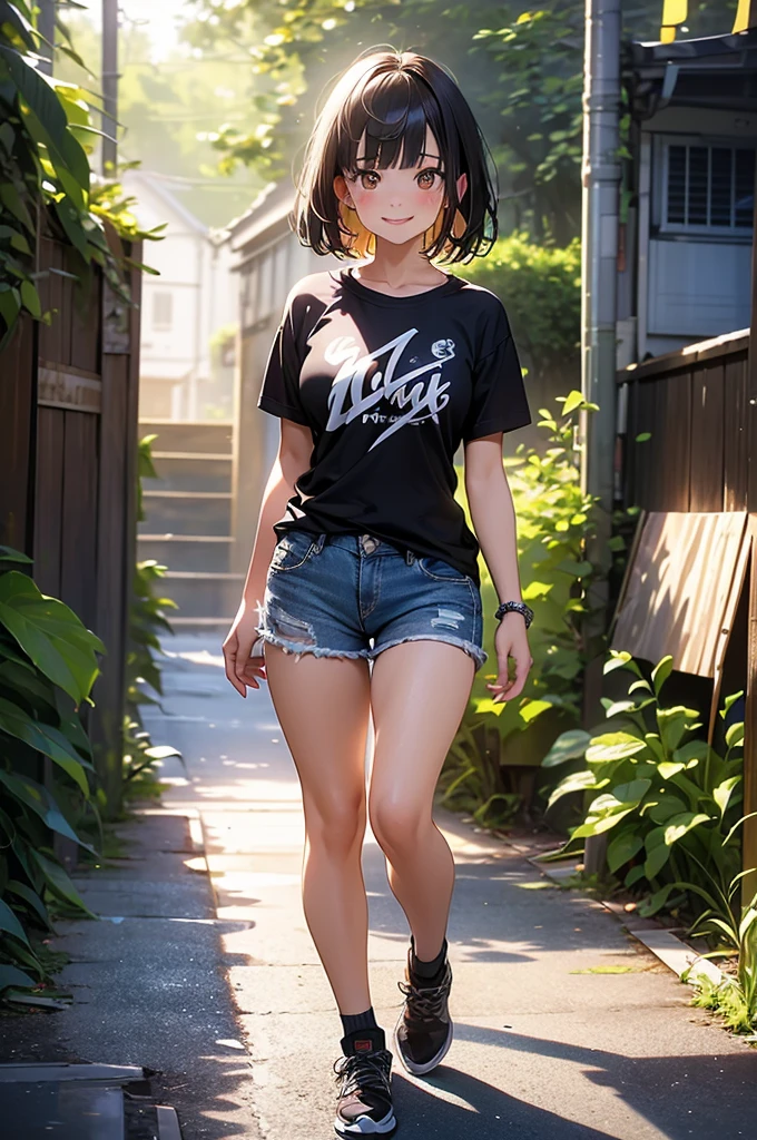 1girl, short black hair, blue eyes, wearing plain white shirt, denim shorts, city, absurdres, high res, ultrasharp, 8K, masterpiece, looking at viewer