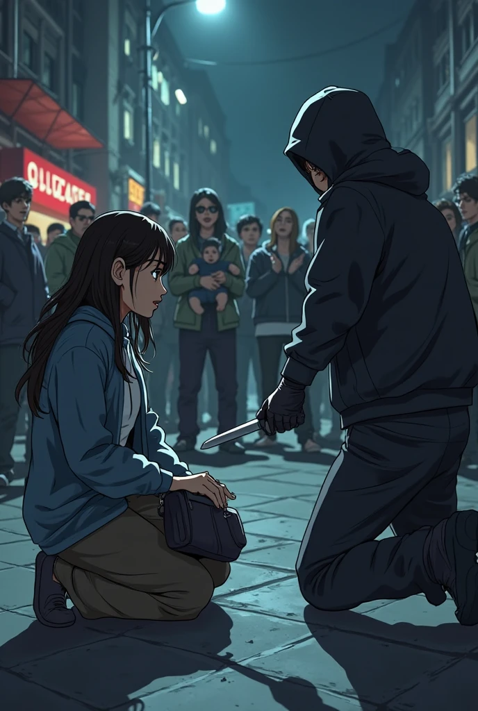 creates a vectorized image (looking like a drawing) of a 30-year-old masked man murdering a young 2 woman. both are black. The murder takes place in a parking lot with many trees