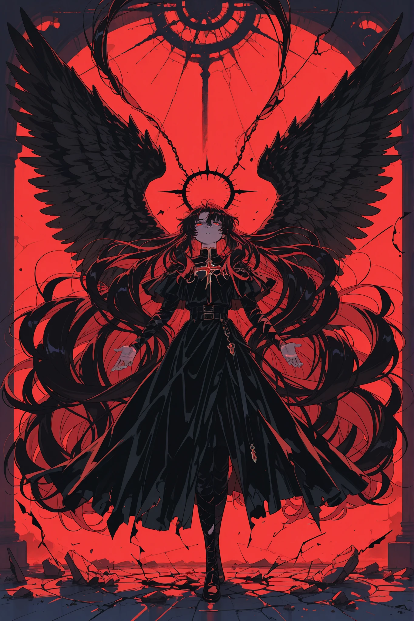 Broken-Winged Angel, full body, decote, very long hair, hyper detailed hair, very long broken black wings, panos brancos finos e transparentes servem como vestimenta