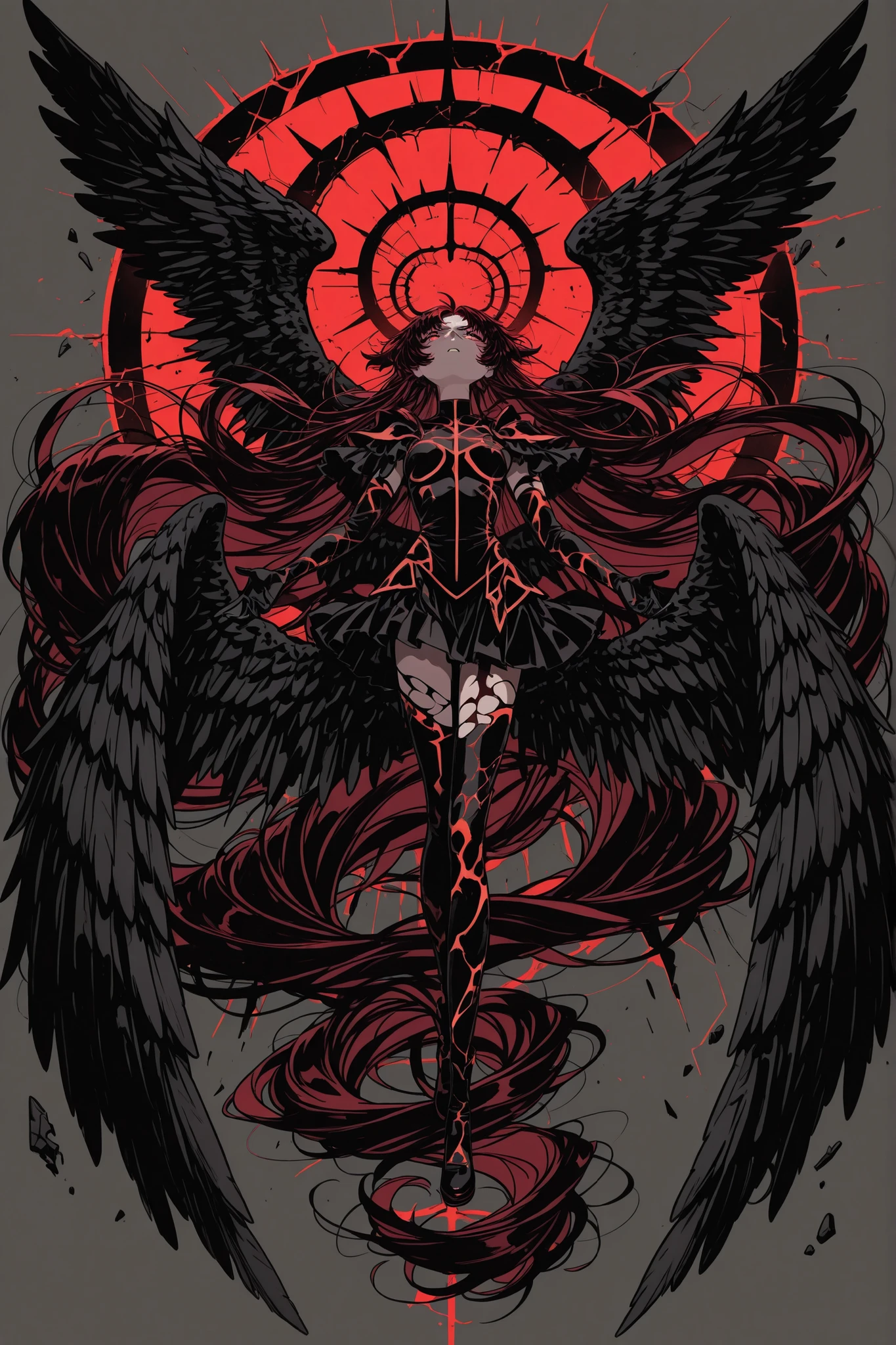Broken-Winged Angel, full body, decote, very long hair, hyper detailed hair, very long broken black wings, panos brancos finos e transparentes servem como vestimenta