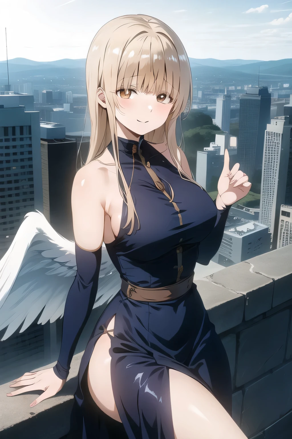 Can you draw a woman with angel wings on her back,A woman looking at the city from the top of a skyscraper,long dress,Women with Lovely Smiles,彼女の表情をPlease draw more delicately,,,Women with Lovely Smiles, ,, they are relaxed , , (Please draw more delicately),、can you draw a woman with lots of chocolate,, Beautiful woman with brown hair long hair , , big boobs, thin waist , , , adult sexy women ,, sexy 20 year old woman , limbs,beautiful legs,Please draw her facial expressions more delicately,