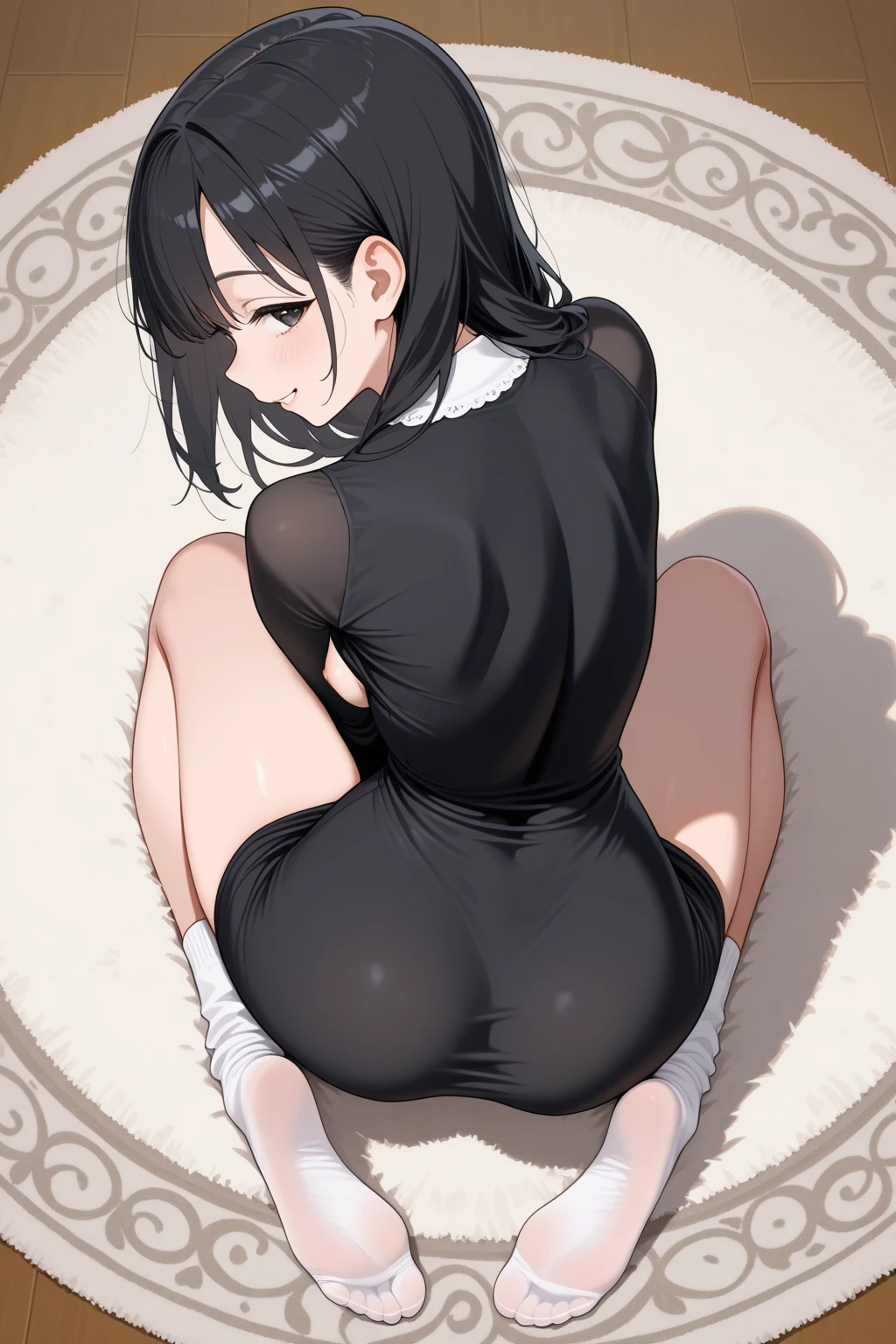 1girl, solo, standing, upper body, hands on hips, from below,
short hair, blunt bangs, long sidelocks,
thick eyelashes, long eyelashes, looking at viewer, looking down, annoyed, gesugao, disgusted, 
naked, 
black choker, (black panties:1.2), black bra, covered, black thighhighs, (skindentation:1.2), 
curvy, gigantic breasts, (cameltoe:1.2), thick thighs,
(white background, simple background:1.4), wlsdnjs950, (black outline:1.2),